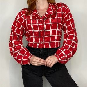 Vintage 80s Notations Large Red & White Button Down Grid Pattern Blouse